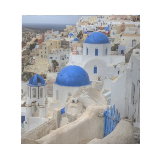 Griekenland, Santorini. Kellentoren en blauwe domp Notitieblok (Voorkant)