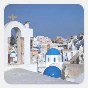 Griekenland, Santorini. Kellentoren en blauwe domp Vierkante Sticker