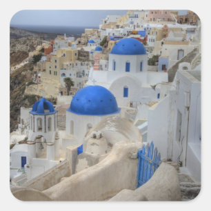 Griekenland, Santorini. Kellentoren en blauwe domp Vierkante Sticker