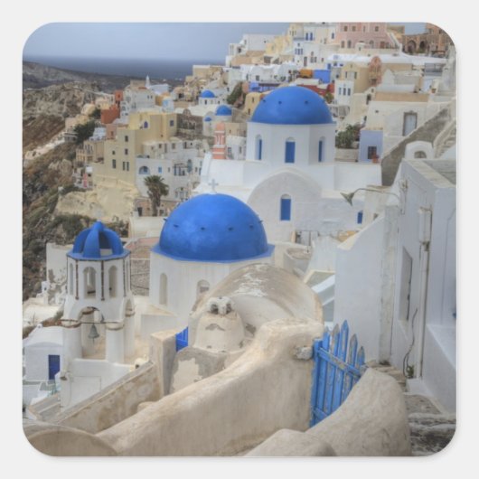 Griekenland, Santorini. Kellentoren en blauwe domp Vierkante Sticker (Voorkant)