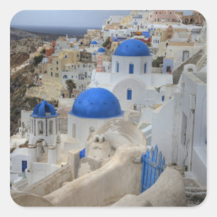 Griekenland, Santorini. Kellentoren en blauwe domp Vierkante Sticker