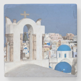 Griekenland, Santorini. Klokkentoren en blauwe koe Stenen Onderzetter