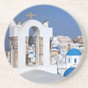 Griekenland, Santorini. Klokkentoren en blauwe koe Zandsteen Onderzetter
