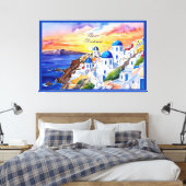 Griekenland Santorini Waterverf schets Egeïsch Zee Canvas Afdruk (Insitu (Slaapkamer))