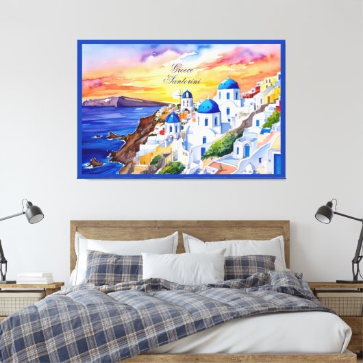 Griekenland Santorini Waterverf schets Egeïsch Zee Canvas Afdruk (Insitu (Slaapkamer))