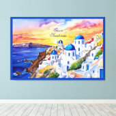 Griekenland Santorini Waterverf schets Egeïsch Zee Canvas Afdruk (Insitu (Houten vloer))