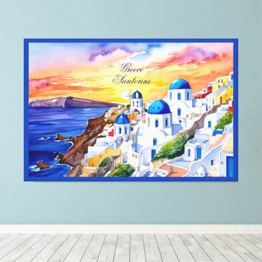 Griekenland Santorini Waterverf schets Egeïsch Zee Canvas Afdruk (Insitu (Houten vloer))
