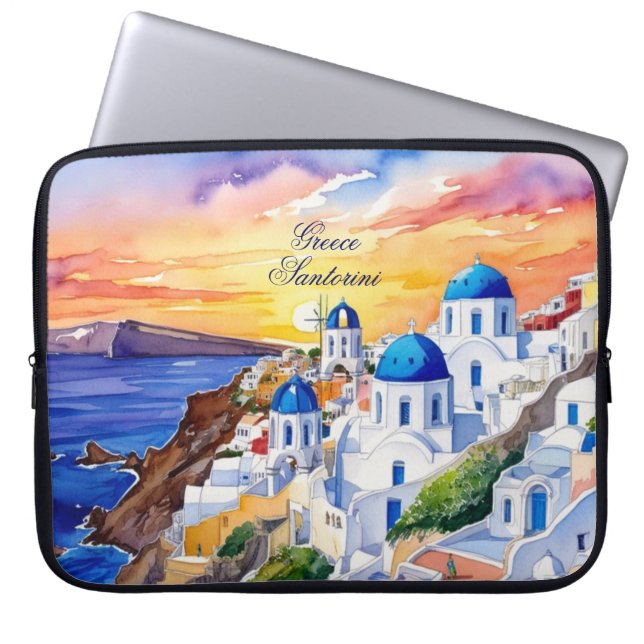 Griekenland Santorini Waterverf schets Egeïsch Zee Laptop Sleeve (Voorkant)