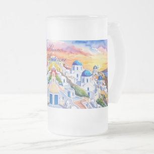 Griekenland Santorini Waterverf schets Egeïsch Zee Matglas Bierpul