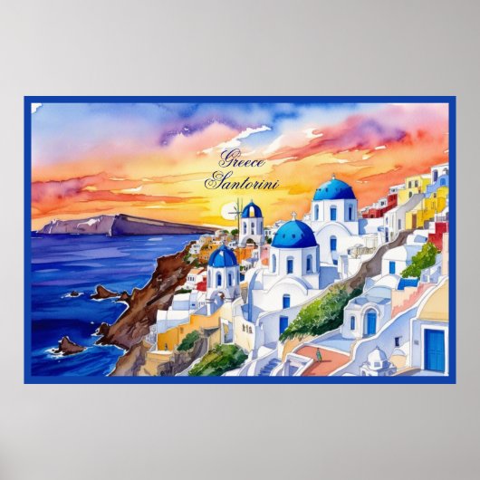 Griekenland Santorini Waterverf schets Egeïsch Zee Poster (Voorkant)