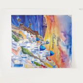 Griekenland Santorini Waterverf schets Egeïsch Zee Wandkleed (Voorkant (horizontaal))