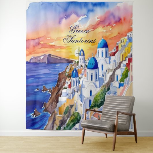 Griekenland Santorini Waterverf schets Egeïsch Zee Wandkleed (In situ)