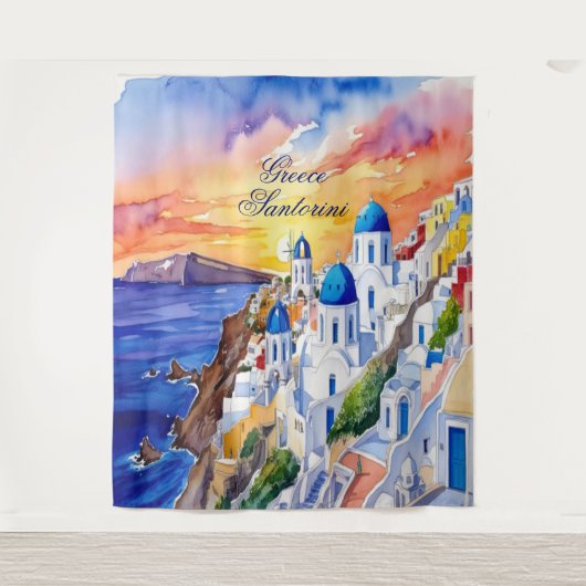 Griekenland Santorini Waterverf schets Egeïsch Zee Wandkleed (Voorkant)