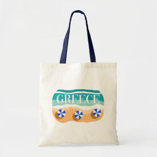 Griekenland: Zandstrand met blauwe paraplu's en go Tote Bag