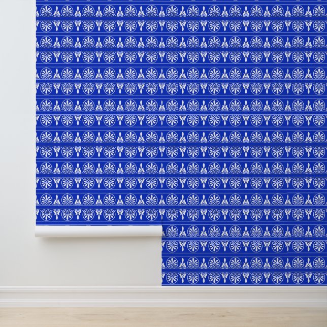 Grieks Arabesk Mediterraan Patroon Blauw Behang (Applicatie)