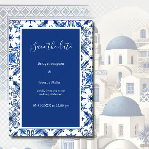 Grieks Blauw en Wit Elegante bruiloft Save the Dat Kaart