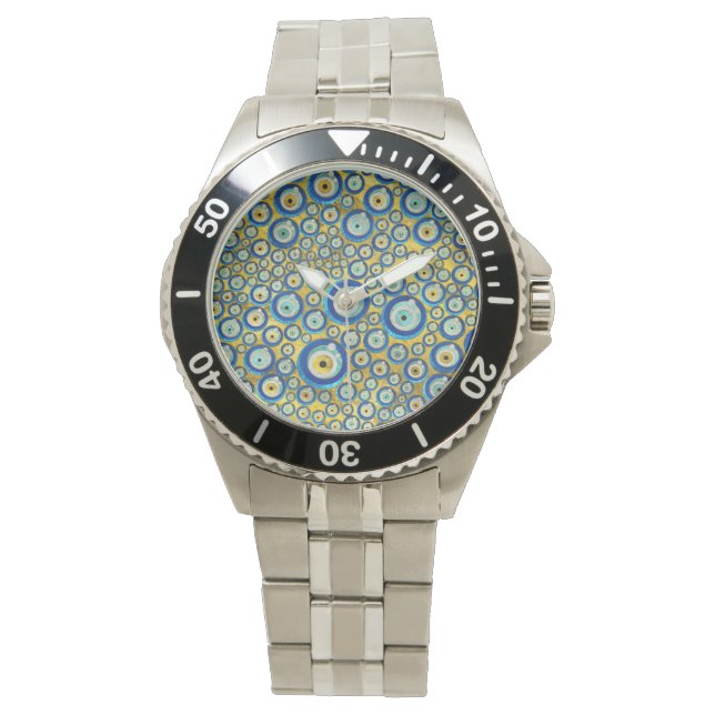 Grieks blauw glas Evil Eye Amulet Patroon Horloge (Voorkant)