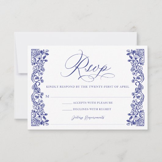 Grieks bloemenpatroon blauw Elegant Script RSVP Kaartje (Voorkant)