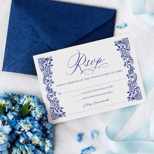  Grieks bloemenpatroon blauw Elegant Script RSVP Kaartje