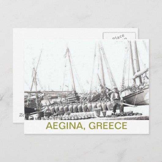 GRIEKS BRIEFKAART~MAN, BOAT EN VASTEN OP AEGINA BRIEFKAART (Voorkant / Achterkant)