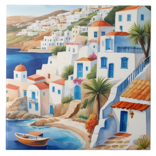 Grieks dorp bij het Zee, Griekenland Travel Souven Tegeltje (Voorkant)