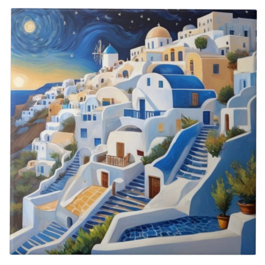 Grieks dorp op de heuvel met windmolen - Griekenla Tegeltje (Voorkant)