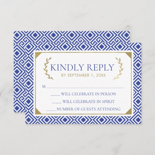 Grieks Elegance Bruiloft RSVP Kaart, Blauw Kaart (Voorkant / Achterkant)