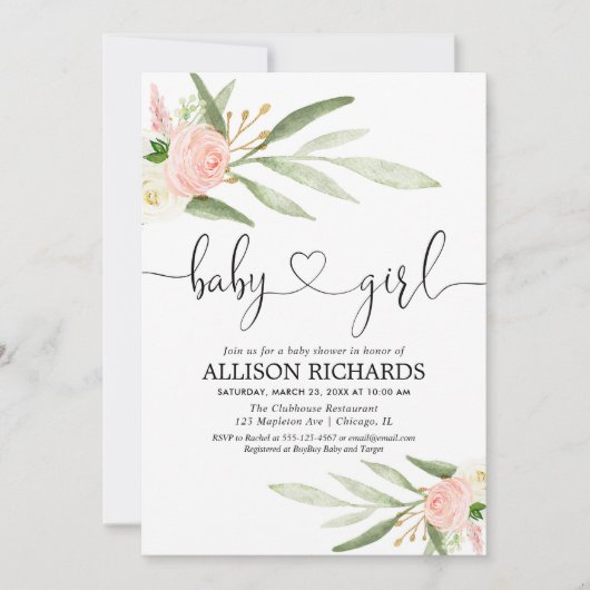 Grieks en roze baby shower met roze goudflorale bl kaart (Voorkant)