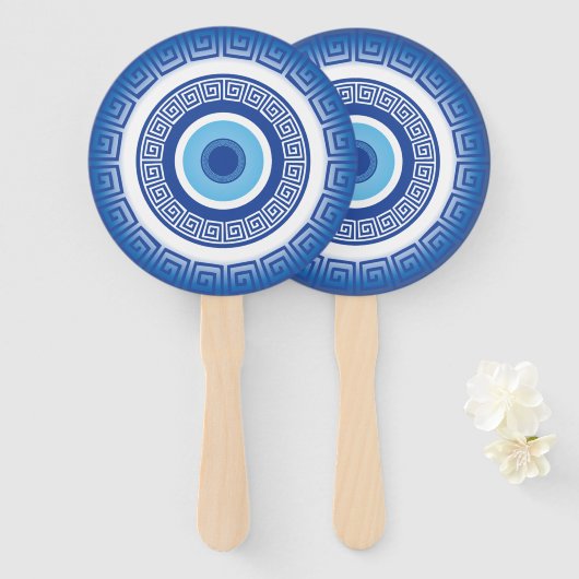 Grieks Evil Eye in Griekse Sleutel Handwaaier (Voorkant en achterkant)