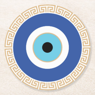 Grieks Evil Eye in Griekse Sleutel Ronde Kartonnen Onderzetter