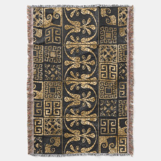 Grieks Gebroken Tegel Mozaïek Zwart en goud Deken (Voorkant Verticaal)