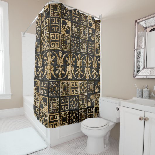 Grieks Gebroken Tegel Mozaïek Zwart en goud Douchegordijn (In situ)