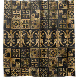 Grieks Gebroken Tegel Mozaïek Zwart en goud Douchegordijn