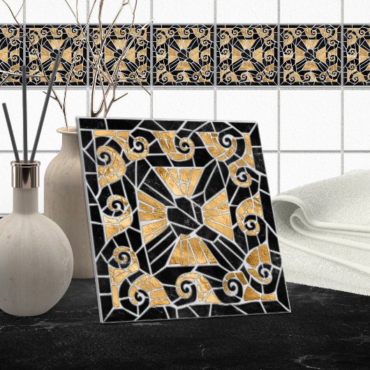 Grieks Gebroken Tegel Mozaïek Zwart en goud Tegeltje