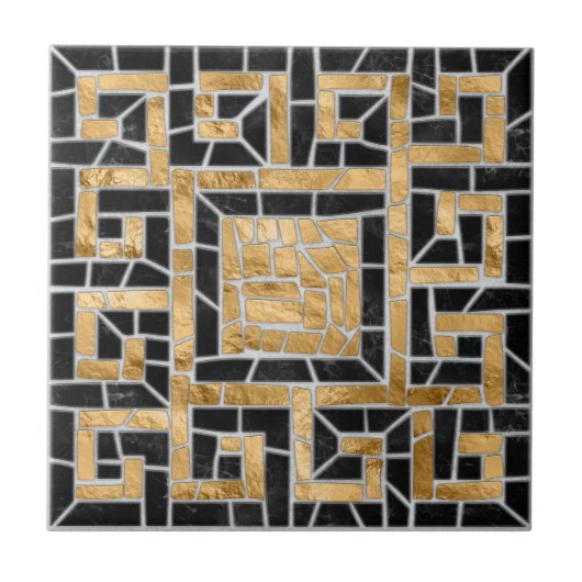 Grieks Gebroken Tegel Mozaïek Zwart en goud Tegeltje (Voorkant)