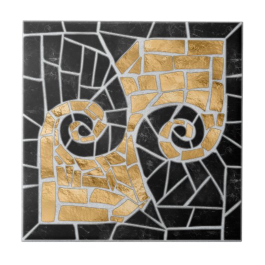 Grieks Gebroken Tegel Mozaïek Zwart en goud Tegeltje (Voorkant)