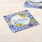 Grieks Italiaans Blauw Tegels Citroenen Goud Glitt Kartonnen Onderzetters (Schuin)