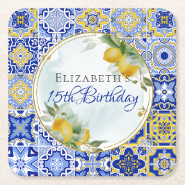 Grieks Italiaans Blauw Tegels Citroenen Goud Glitt Kartonnen Onderzetters