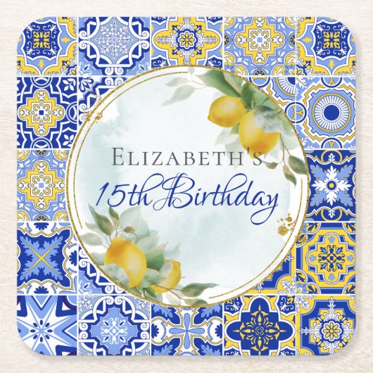 Grieks Italiaans Blauw Tegels Citroenen Goud Glitt Kartonnen Onderzetters (Voorkant)