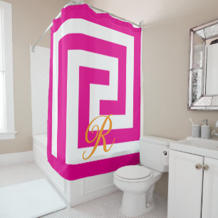 Grieks Key Monogrammen Hot Roze Sinaasappel Witte Douchegordijn