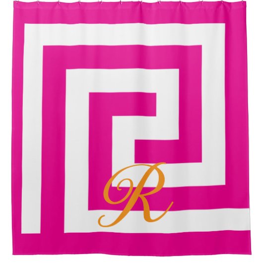 Grieks Key Monogrammen Hot Roze Sinaasappel Witte  Douchegordijn (Voorkant)
