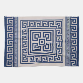 Grieks Meander - Griekse sleutel - blauw en beige Theedoek