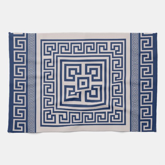 Grieks Meander - Griekse sleutel - blauw en beige Theedoek (Horizontaal)