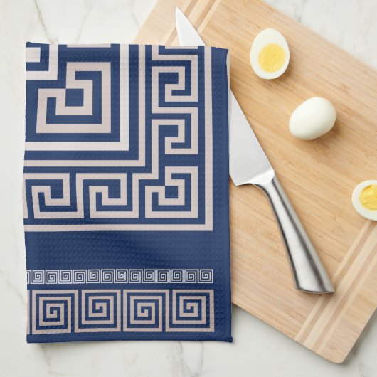 Grieks Meander - Griekse sleutel - blauw en beige Theedoek (Quarter Fold)