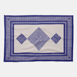 Grieks Meander - Griekse sleutel - blauw en beige Theedoek