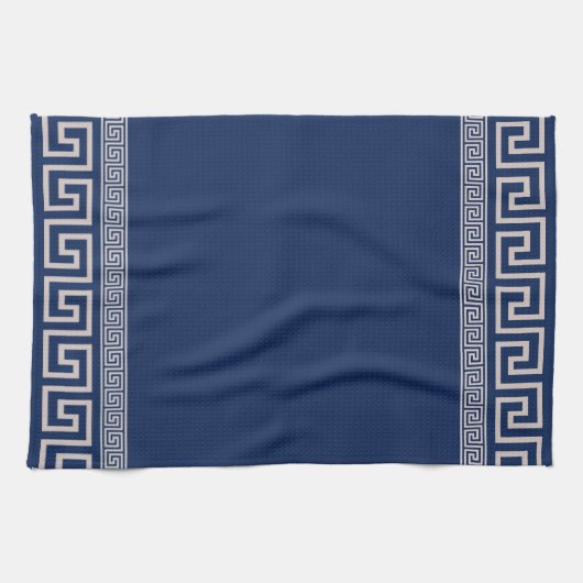 Grieks Meander - Griekse sleutel - blauw en beige Theedoek (Horizontaal)