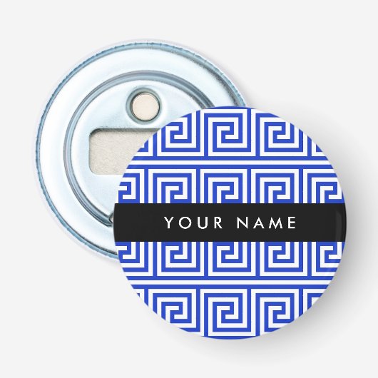 Grieks Meander Key Blue, Jouw naam, Personaliseren Button Flesopener (Voorkant)