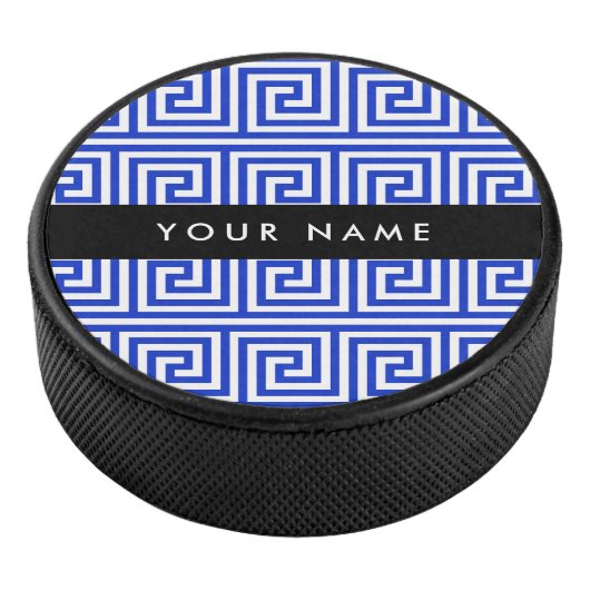 Grieks Meander Key Blue, Jouw naam, Personaliseren Hockey Puck (3/4)