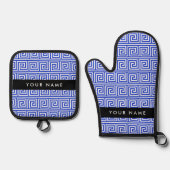 Grieks Meander Key Blue, Jouw naam, Personaliseren Ovenwant & Pannenlap Set (Voorkant)