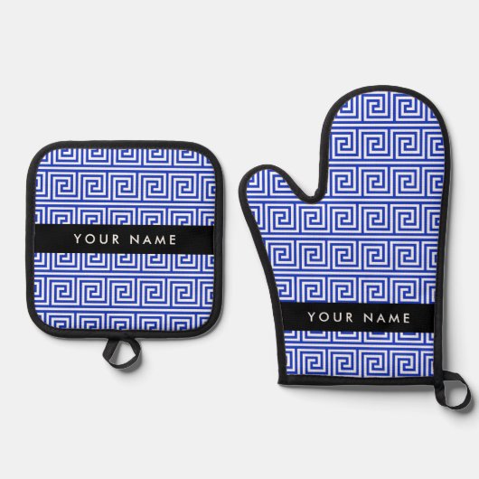 Grieks Meander Key Blue, Jouw naam, Personaliseren Ovenwant & Pannenlap Set (Voorkant)